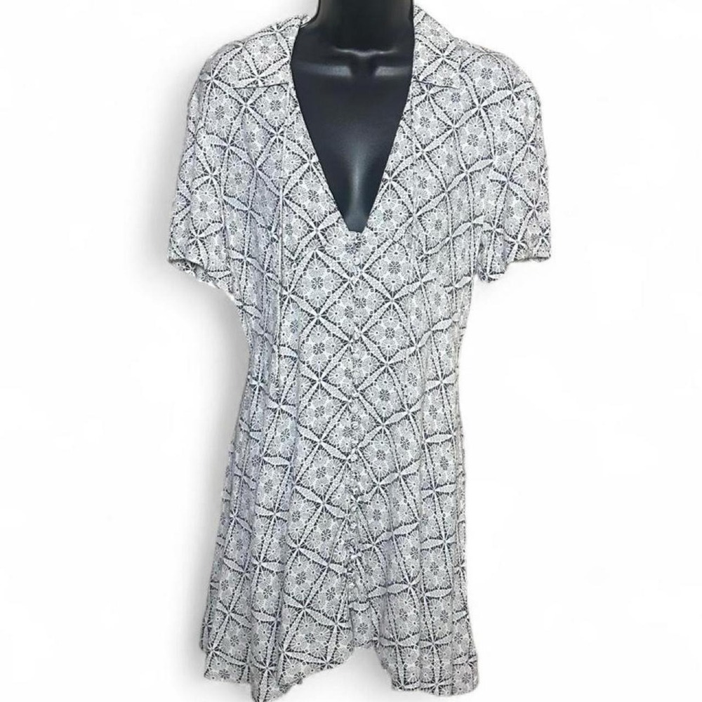 Free People Grey & White Short Sleeve Button Front Dress
